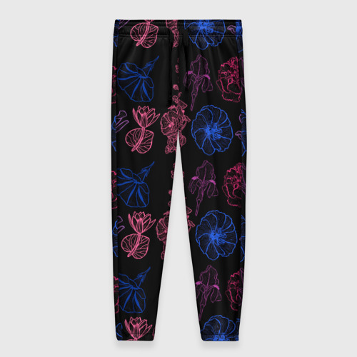 Женские брюки с принтом Неоновые разноцветные цветы, вид спереди №1