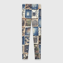 Леггинсы с принтом Пауки на пэчворк джинсах для женщины, вид сзади №1. Цвет основы: белый