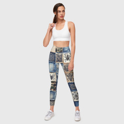 Леггинсы с принтом Пауки на пэчворк джинсах для женщины, вид на модели спереди №3. Цвет основы: белый