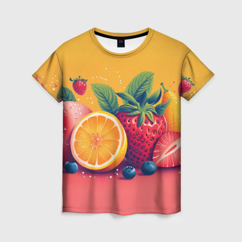 Женская футболка с принтом Клубника с апельсином и яблоком, вид спереди №1