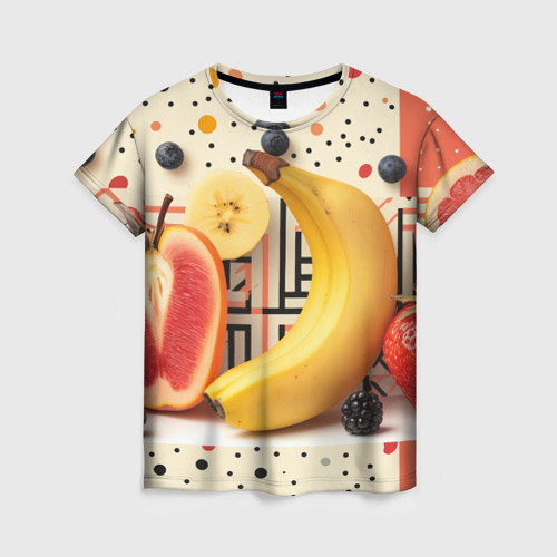 Женская футболка с принтом Банан с грейпфрутом и клубникой, вид спереди №1