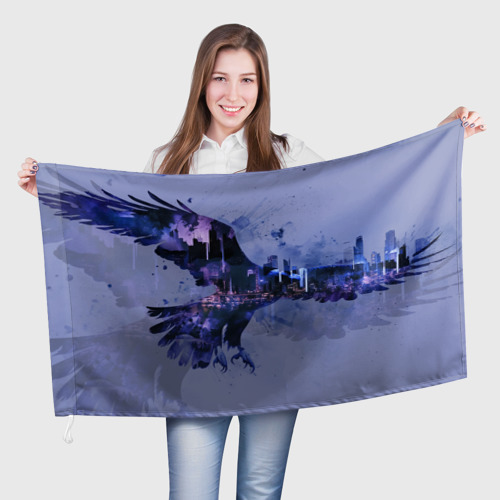 Флаг с принтом Летящий орел и город в сумерках, вид спереди №1