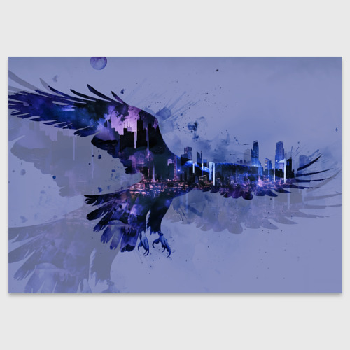 Поздравительная открытка с принтом Летящий орел и город в сумерках, вид спереди №1