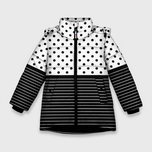 Зимняя куртка для девочек с принтом Белый в чёрный горошек с полосами, вид спереди №1