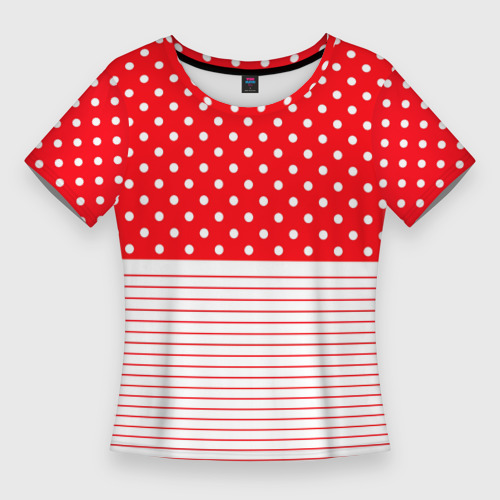 Женская приталенная футболка с принтом Красно-белый в горошек с полосами, вид спереди №1