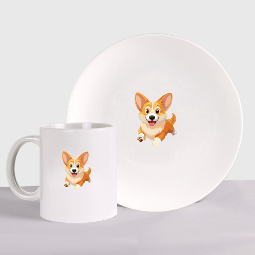 Набор: тарелка + кружка с принтом Весёлая собака корги, вид спереди №1