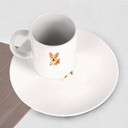 Набор: тарелка кружка с принтом Весёлая собака корги для любого человека, вид спереди №3. Цвет основы: белый