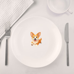 Набор: тарелка кружка с принтом Весёлая собака корги для любого человека, вид спереди №4. Цвет основы: белый