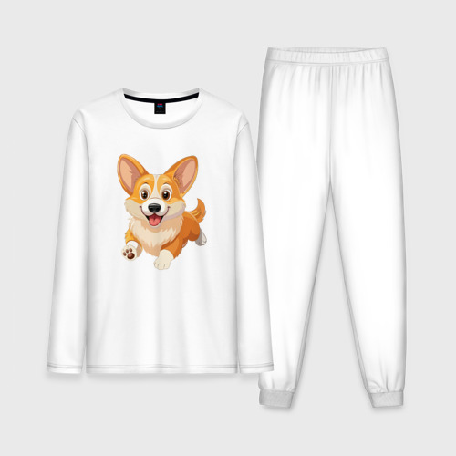 Мужская пижама из хлопка с лонгсливом с принтом Весёлая собака корги, вид спереди №1