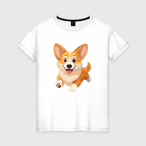 Женская футболка из хлопка с принтом Весёлая собака корги, вид спереди №1