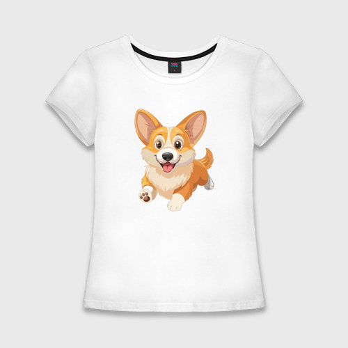 Женская приталенная футболка из хлопка с принтом Весёлая собака корги, вид спереди №1