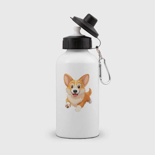 Бутылка спортивная с принтом Весёлая собака корги, вид спереди №1