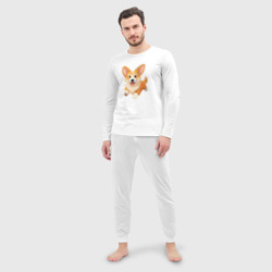 Пижама с принтом Весёлая собака корги для мужчины, вид на модели спереди №2. Цвет основы: белый