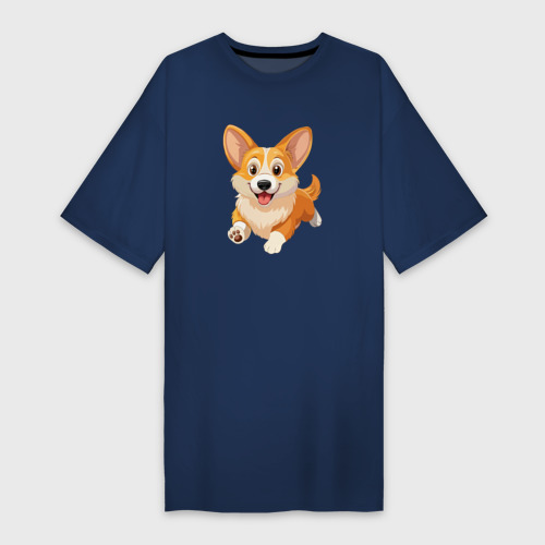 Платье-футболка из хлопка с принтом Весёлая собака корги, вид спереди №1