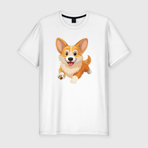 Мужская приталенная футболка из хлопка с принтом Весёлая собака корги, вид спереди №1