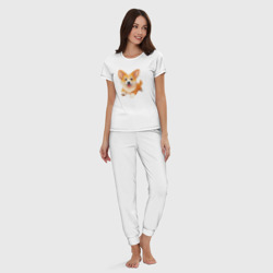 Пижама с принтом Весёлая собака корги для женщины, вид на модели спереди №3. Цвет основы: белый