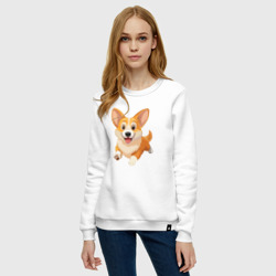 Свитшот с принтом Весёлая собака корги для женщины, вид на модели спереди №2. Цвет основы: белый