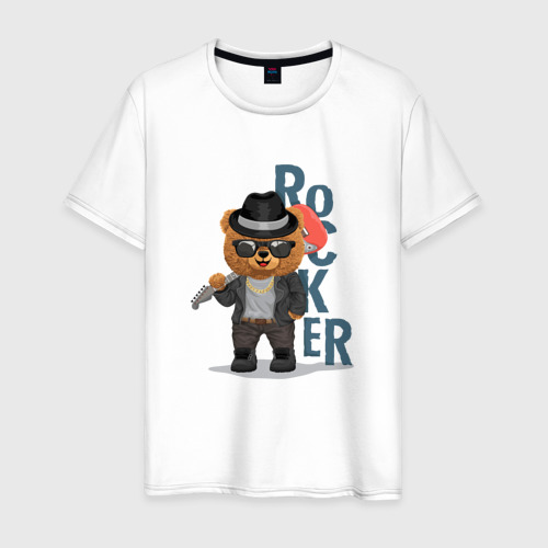 Мужская футболка из хлопка с принтом Плюшевый медвежонок рокер, вид спереди №1