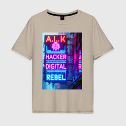 Ai hacker digital rebel - neon glow – Мужская футболка хлопок Oversize с принтом купить со скидкой в -16%