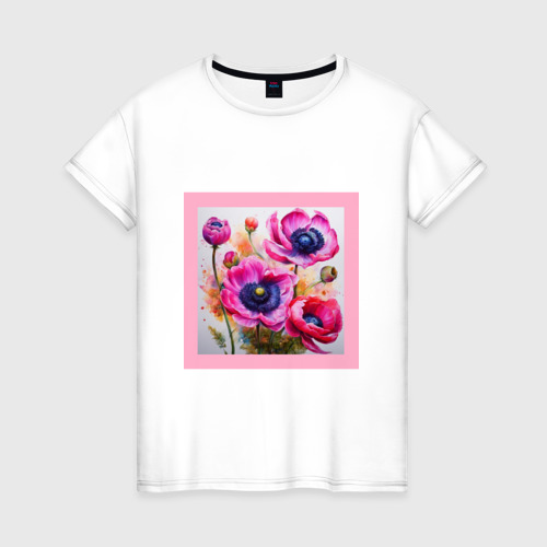 Женская футболка из хлопка с принтом Цветы розовые анемоны, вид спереди №1