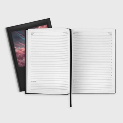 Ежедневник с принтом Розовые облака с бирюзовыми лучами для любого человека, вид спереди №3. Цвет основы: черный