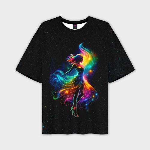 Мужская футболка оверсайз с принтом Неоновая танцовщица в звездном небе, вид спереди №1