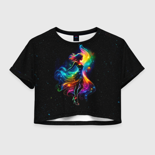 Женская футболка Crop-top с принтом Неоновая танцовщица в звездном небе, вид спереди №1