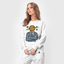 Костюм с принтом Человек сатурн для женщины, вид на модели спереди №3. Цвет основы: белый