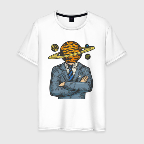 Мужская футболка из хлопка с принтом Человек сатурн, вид спереди №1