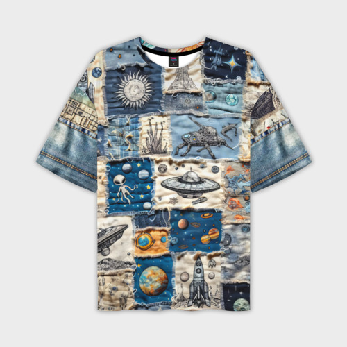 Мужская футболка оверсайз с принтом Джинсовый пэчворк с пришельцами, вид спереди №1