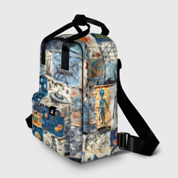 Рюкзак с принтом Джинсовый пэчворк с пришельцами для женщины, вид спереди №2. Цвет основы: белый