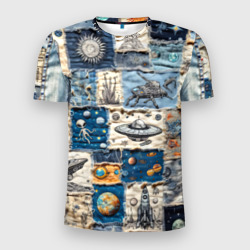 Джинсовый пэчворк с пришельцами – Мужская футболка 3D Slim с принтом купить со скидкой в -9%
