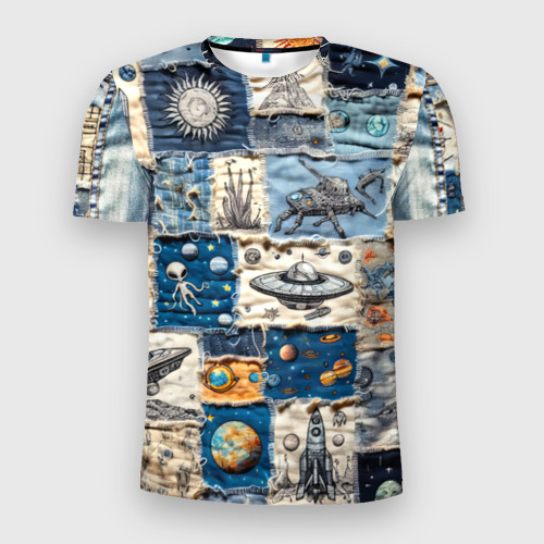 Мужская приталенная футболка с принтом Джинсовый пэчворк с пришельцами, вид спереди №1