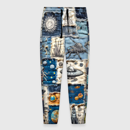 Мужские брюки с принтом Джинсовый пэчворк с пришельцами, вид спереди №1