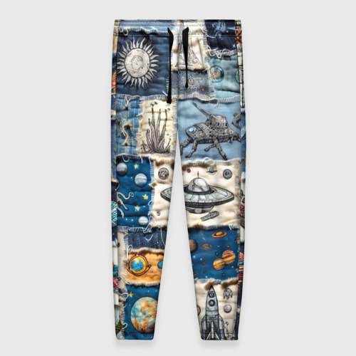 Женские брюки с принтом Джинсовый пэчворк с пришельцами, вид спереди №1