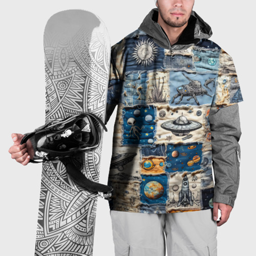 Накидка на куртку с принтом Джинсовый пэчворк с пришельцами, вид спереди №1