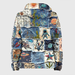 Куртка с принтом Джинсовый пэчворк с пришельцами для женщины, вид сзади №1. Цвет основы: белый