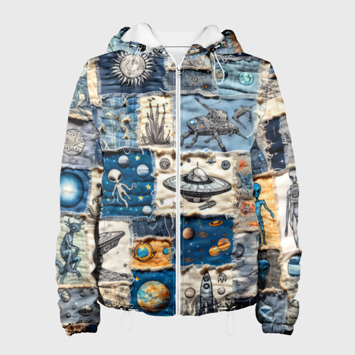 Женская куртка с принтом Джинсовый пэчворк с пришельцами, вид спереди №1