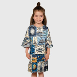 Платье с принтом Джинсовый пэчворк с пришельцами для ребенка, вид на модели спереди №3. Цвет основы: белый
