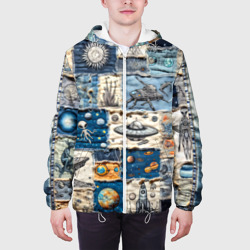 Куртка с принтом Джинсовый пэчворк с пришельцами для мужчины, вид на модели спереди №3. Цвет основы: белый