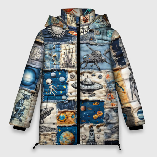Женская зимняя куртка оверсайз с принтом Джинсовый пэчворк с пришельцами, вид спереди №1