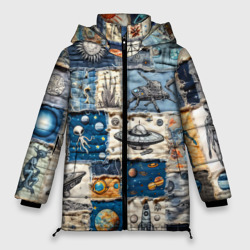 Джинсовый пэчворк с пришельцами – Женская зимняя куртка Oversize с принтом купить
