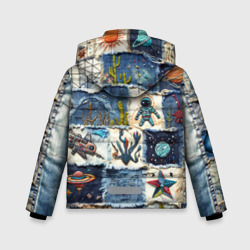 Куртка с принтом Джинсовый пэчворк с пришельцами для любого человека, вид сзади №1. Цвет основы: черный