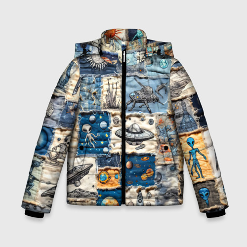 Зимняя куртка для мальчиков с принтом Джинсовый пэчворк с пришельцами, вид спереди №1