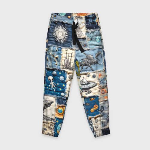Детские брюки с принтом Джинсовый пэчворк с пришельцами, вид спереди №1