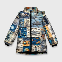 Джинсовый пэчворк с пришельцами – Зимняя куртка для девочек 3D с принтом купить