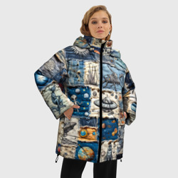 Куртка с принтом Джинсовый пэчворк с пришельцами для женщины, вид на модели спереди №2. Цвет основы: черный