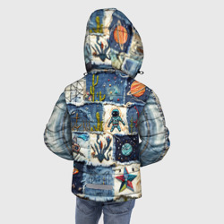 Куртка с принтом Джинсовый пэчворк с пришельцами для любого человека, вид сзади №2. Цвет основы: черный