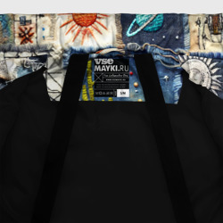 Куртка с принтом Джинсовый пэчворк с пришельцами для женщины, вид на модели спереди №5. Цвет основы: черный