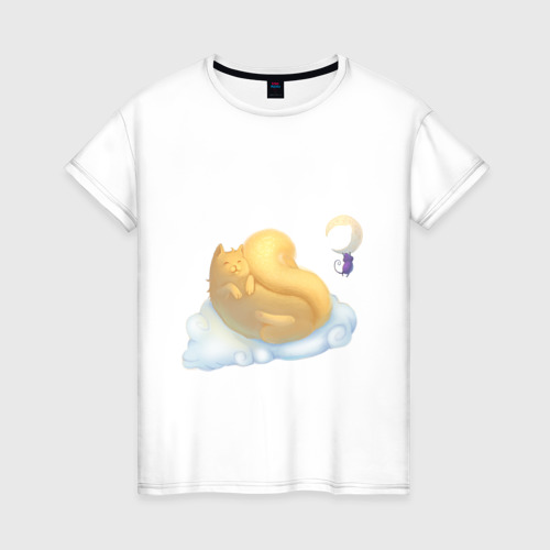 Женская футболка из хлопка с принтом Солнечный кот под луной, вид спереди №1
